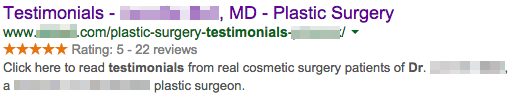 Cosmetic Surgeon's testimonial page using Schema.org